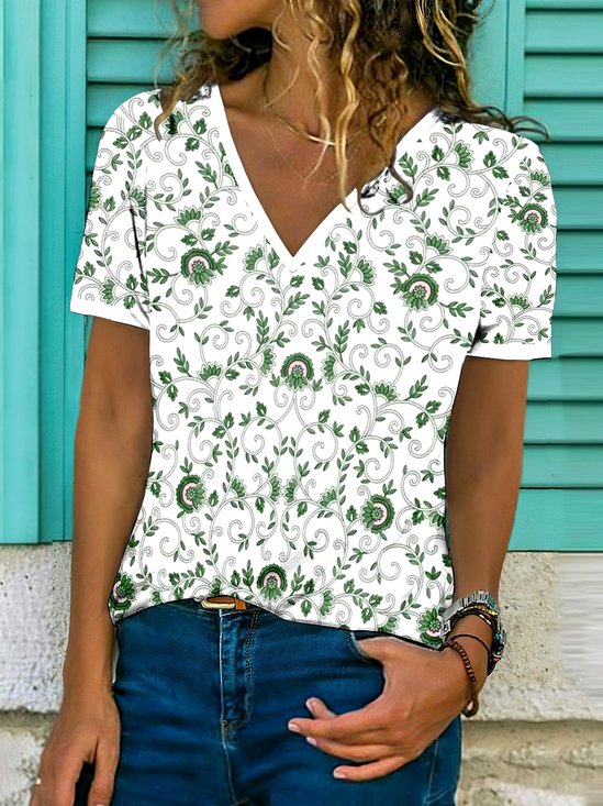 Casual Floral V Neck Short Sleeve T-shirt