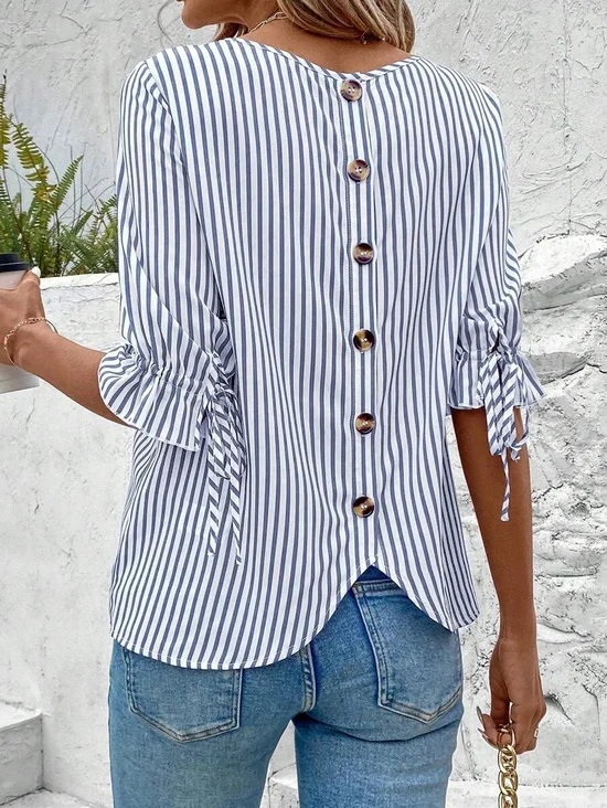 Crew Neck Balloon Sleeve Half Sleeve Striped Regular Micro-Elasticity Regular Fit Blouse For Women