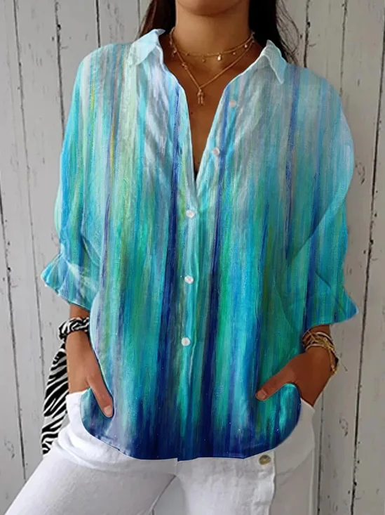 Shirt Collar Long Sleeve Striped Regular Micro-Elasticity Regular Fit Shirt For Women