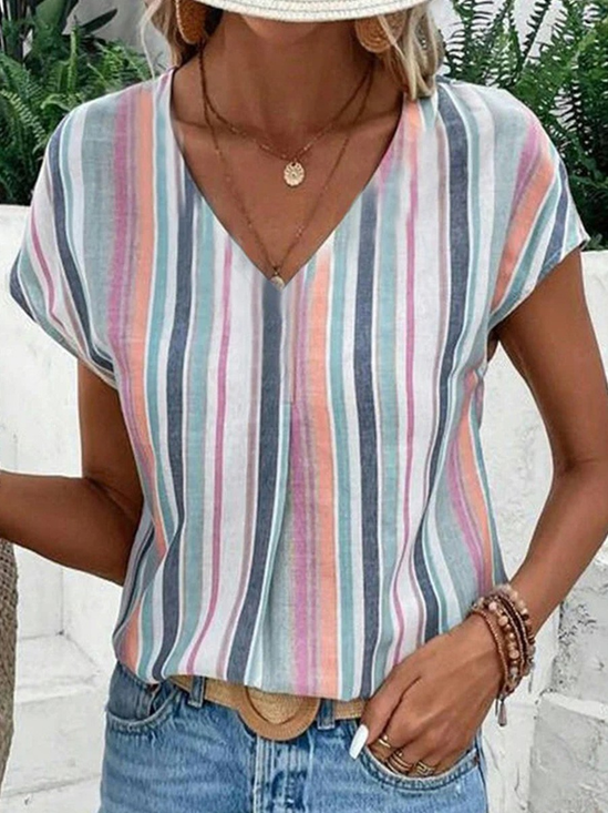 Casual Striped V Neck Short Sleeve T-shirt
