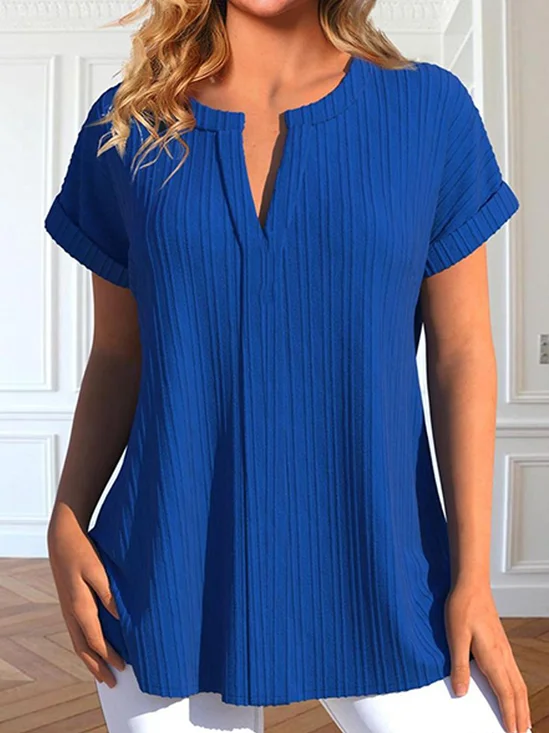Notched Half Sleeve Plain Regular Loose Blouse For Women