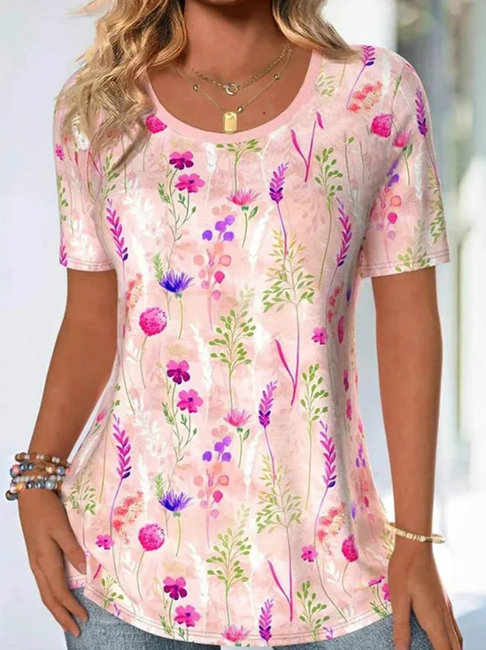 Vintage Floral Crew Neck Short Sleeve T-shirt