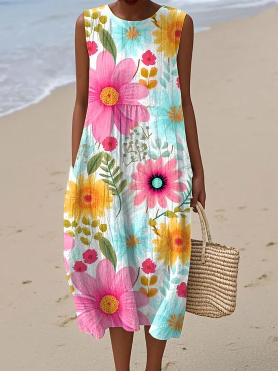 Women Floral Summer Dress Crew Neck Sleeveless A-Line Dress