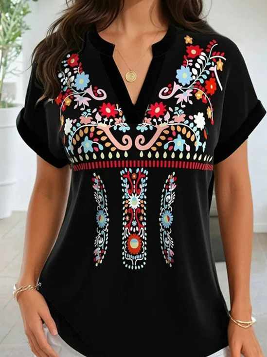 Notched Half Sleeve Ethnic Regular Loose Blouse For Women