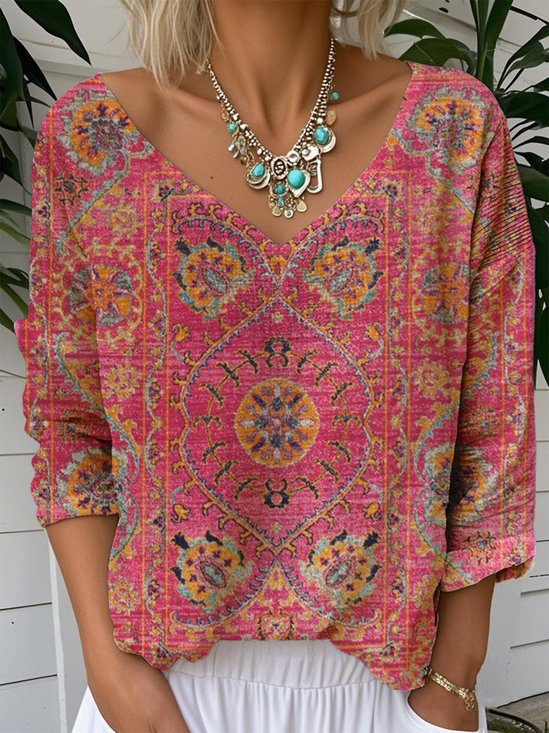 Casual Floral V Neck Long Sleeve T-shirt