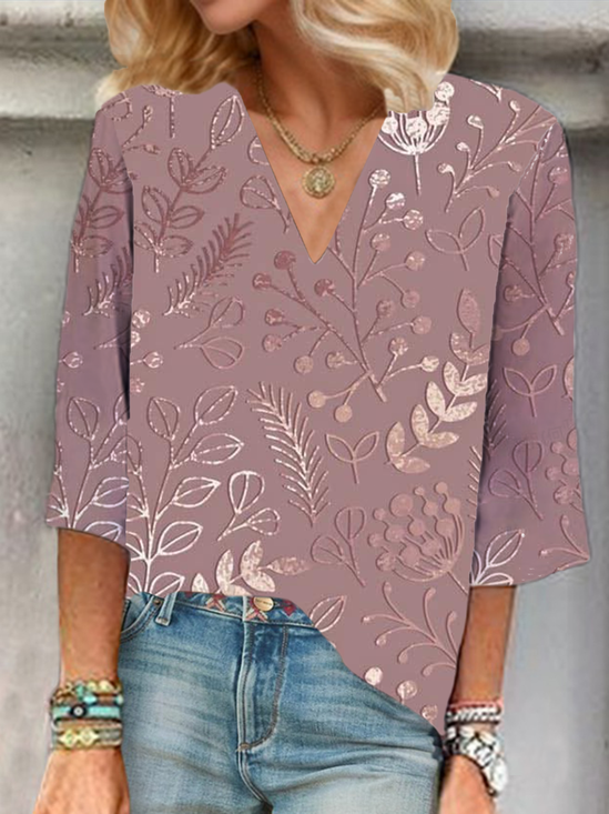 Shawl Collar Half Sleeve Floral Regular Loose Blouse For Women