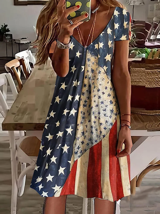 Women Independence Day (Flag) Summer Printing Dress V Neck Short Sleeve Classic A-Line Dress