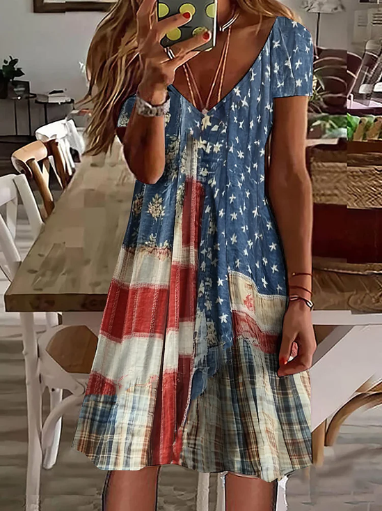 Women Independence Day (Flag) Summer Printing Dress V Neck Short Sleeve Classic A-Line Dress