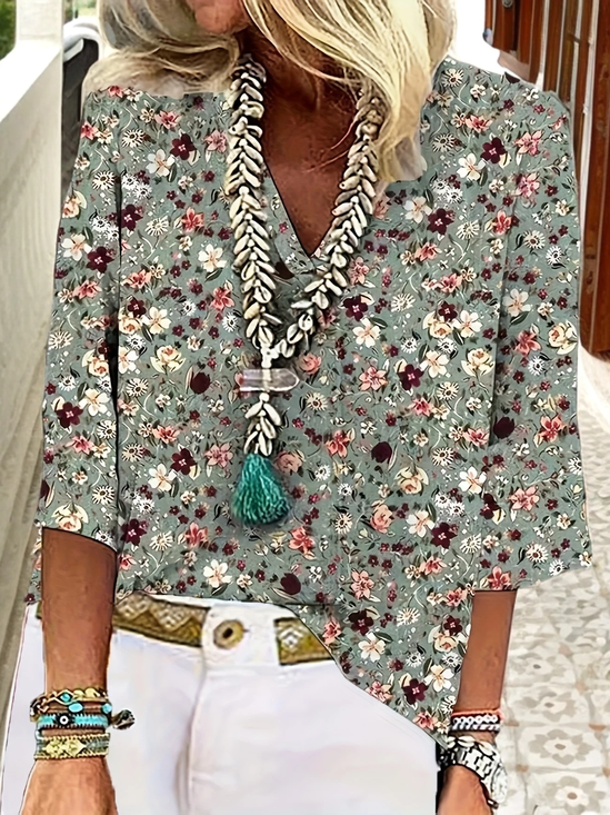 V Neck Three Quarter Sleeve Floral Printing Regular Loose Blouse For Women
