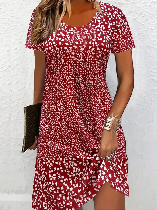 Women Ditsy Floral Summer Printing Dress Crew Neck Short Sleeve Tunic H-Line Dress