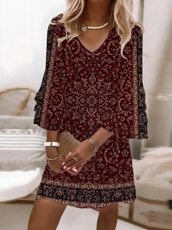 Women Floral Summer Printing Dress V Neck Half Sleeve H-Line Dress