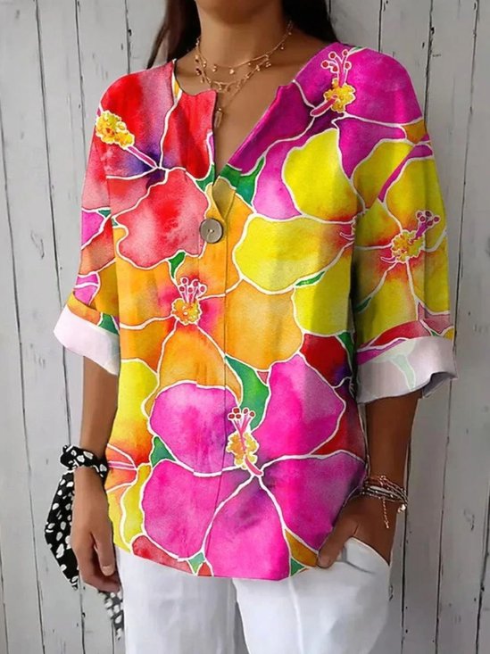 Shawl Collar Three Quarter Sleeve Floral Regular Loose Blouse For Women