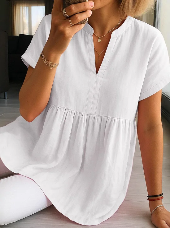 V Neck Short Sleeve Plain Regular Micro-Elasticity Regular Fit Shirt For Women