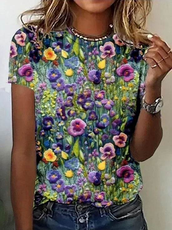 Casual Floral Crew Neck Short Sleeve T-shirt
