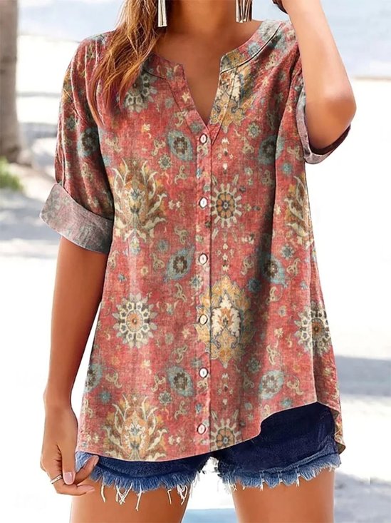 V Neck Short Sleeve Floral Regular Micro-Elasticity Regular Fit Shirt For Women