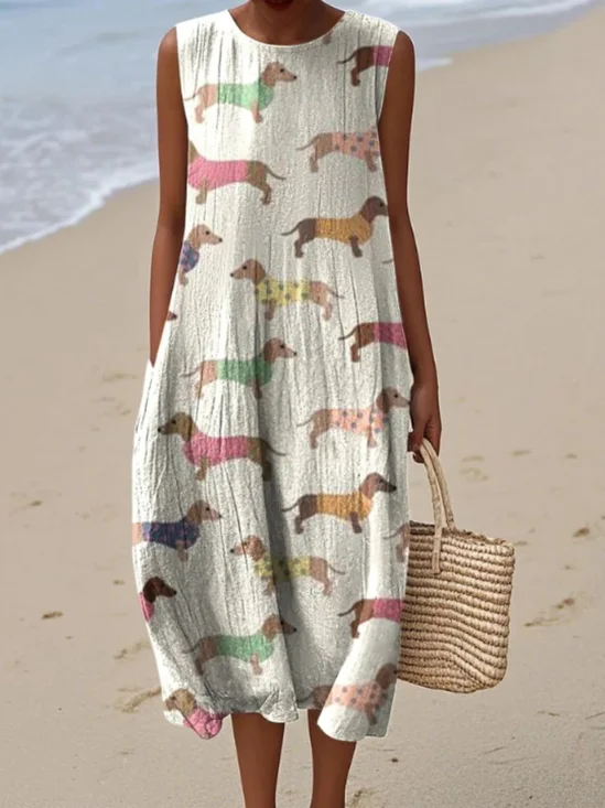 Women Painting Summer Dress Crew Neck Sleeveless A-Line Dress