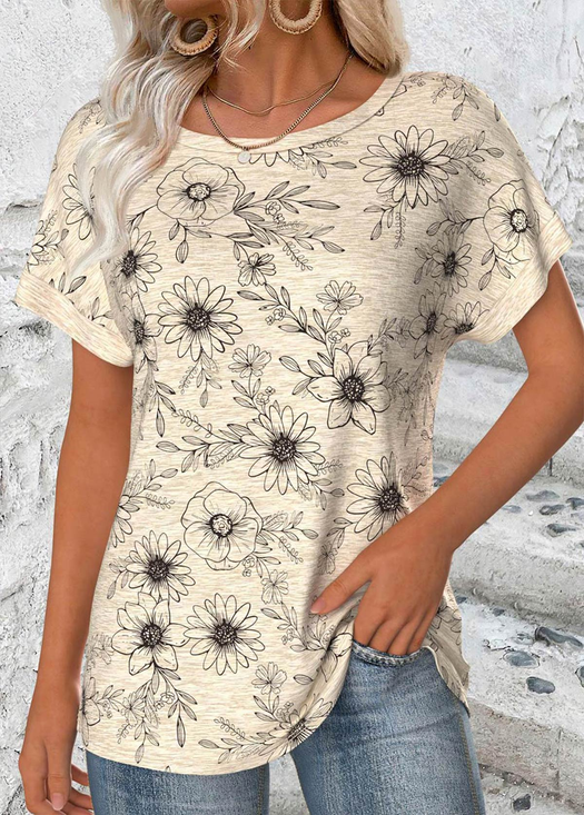 Vintage Floral Crew Neck Short Sleeve T-shirt