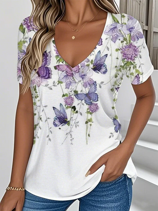 Casual Floral V Neck Short Sleeve T-shirt