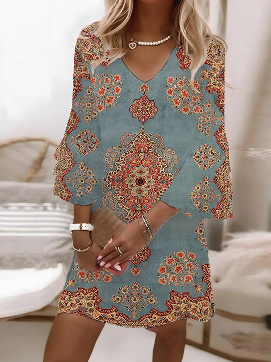 Women Floral Summer Printing Dress V Neck Half Sleeve H-Line Dress