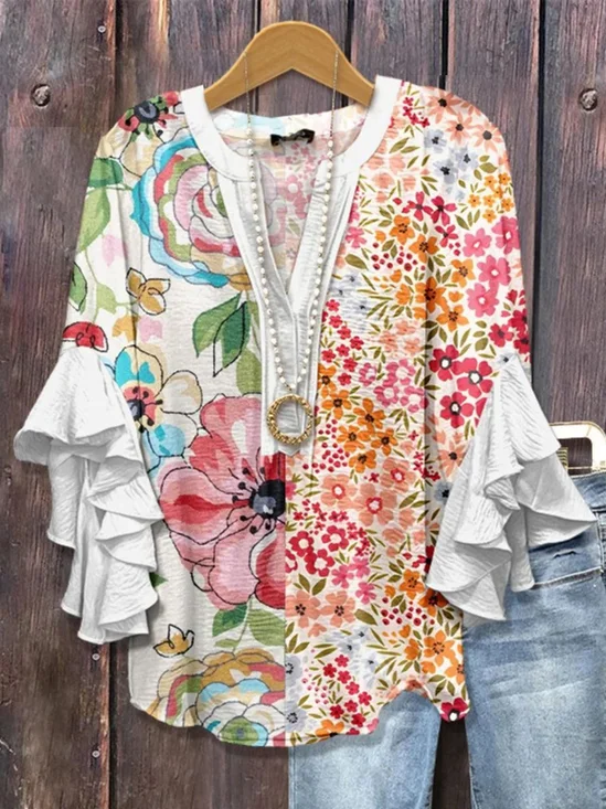 V Neck Half Sleeve Floral Regular Micro-Elasticity Regular Fit Blouse For Women