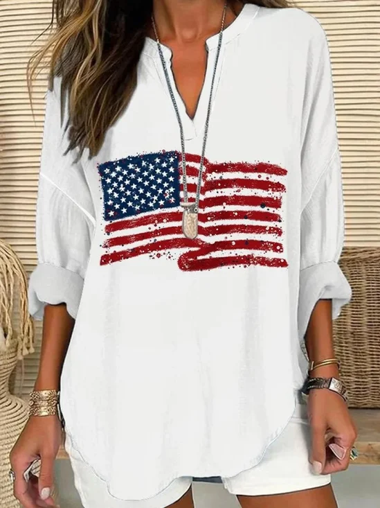 V Neck Long Sleeve America Flag Regular Micro-Elasticity Regular Fit Shirt For Women