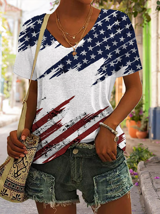 Casual Independence Day (Flag) V Neck Short Sleeve T-shirt