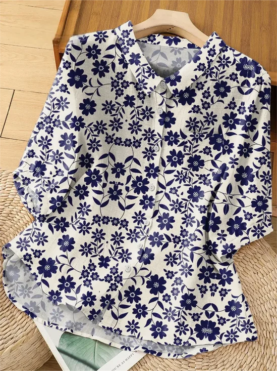 Shirt Collar Three Quarter Sleeve Floral Regular Loose Shirt For Women