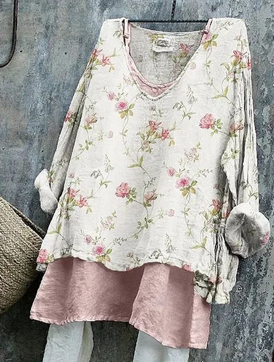V Neck Long Sleeve Floral Printing Regular Micro-Elasticity Loose Graphic Tee Blouse For Women