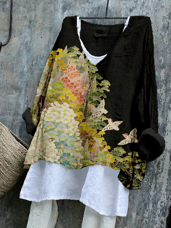 V Neck Long Sleeve Floral Printing Regular Micro-Elasticity Loose Graphic Tee Blouse For Women