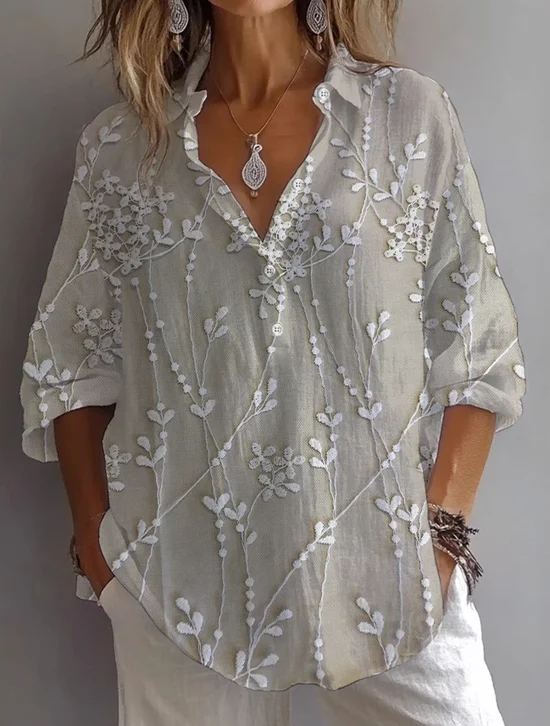 Shirt Collar Long Sleeve Floral Printing Regular Loose Shirt For Women