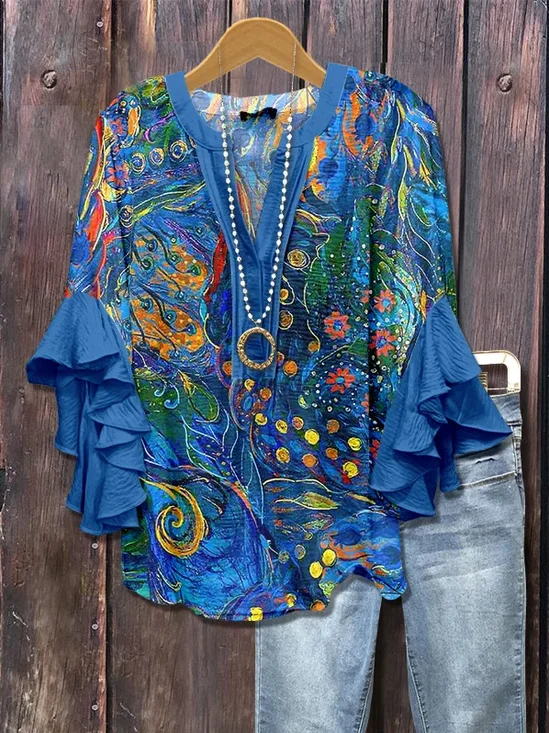 V Neck Half Sleeve Floral Printing Regular Loose Shirt For Women