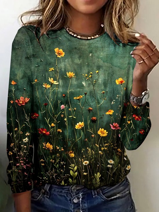 Vintage Plaid Crew Neck Long Sleeve T-shirt