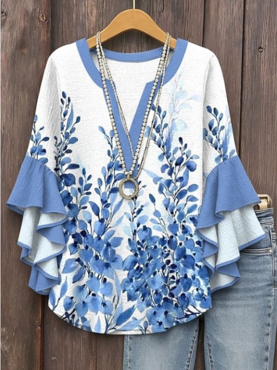 V Neck Half Sleeve Plants Regular Micro-Elasticity Regular Fit Blouse For Women