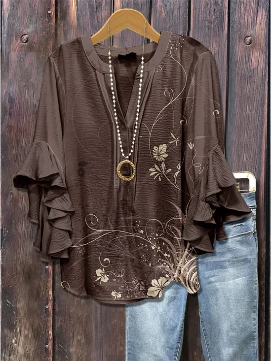 V Neck Half Sleeve Floral Printing Regular Loose Shirt For Women