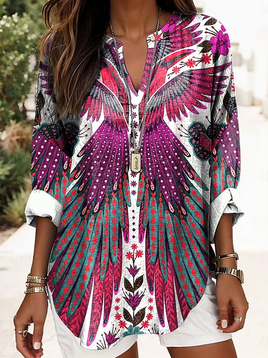 Shawl Collar Half Sleeve Parrots Regular Loose Blouse For Women