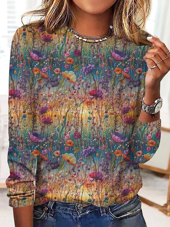 Casual Floral Crew Neck Long Sleeve T-shirt