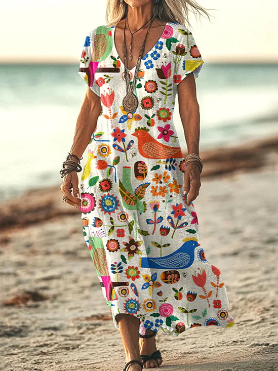 Women Floral Summer Dress V Neck Short Sleeve A-Line Dress