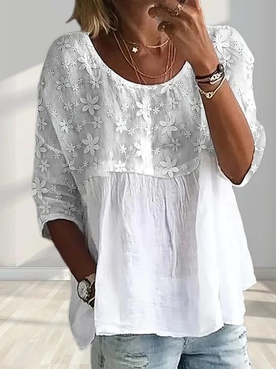 Crew Neck Half Sleeve Floral Printing Regular Micro-Elasticity Regular Fit Shirt For Women