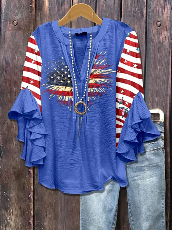 V Neck Half Sleeve America Flag Regular Micro-Elasticity Regular Fit Blouse For Women