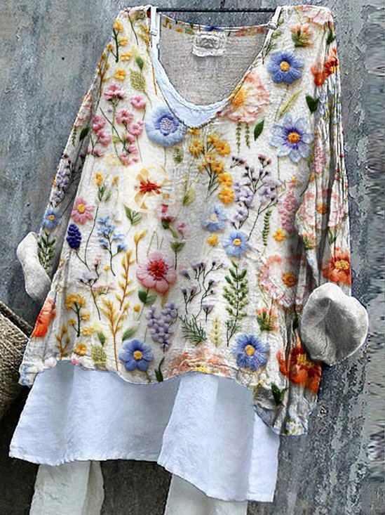 V Neck Long Sleeve Floral Regular Micro-Elasticity Regular Fit Shirt For Women