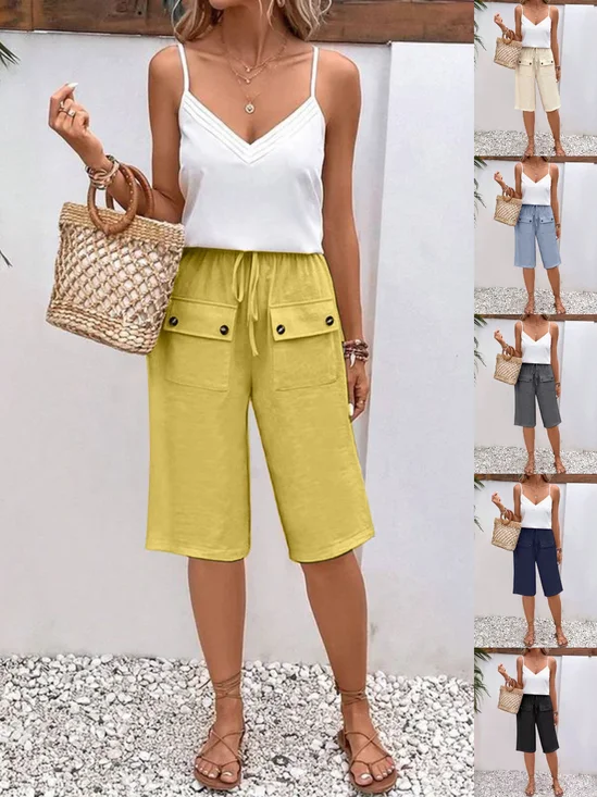 Women Plain Fifth Pants Elastic Waist Pants Casual Summer Trousers