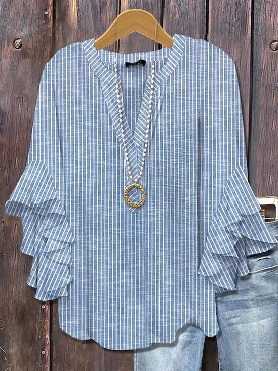 V Neck Half Sleeve Striped Printing Regular Loose Shirt For Women