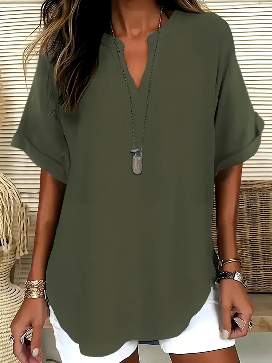 V Neck Short Sleeve Plain Regular Loose Shirt For Women