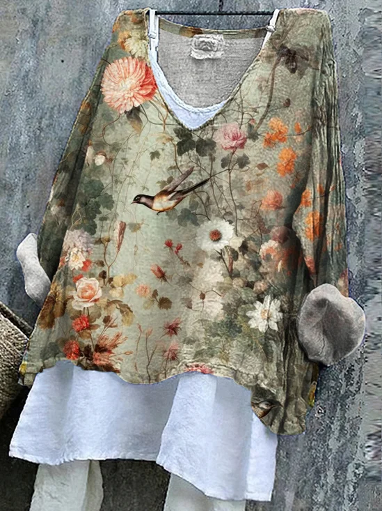 V Neck Long Sleeve Floral Regular Micro-Elasticity Regular Fit Shirt For Women