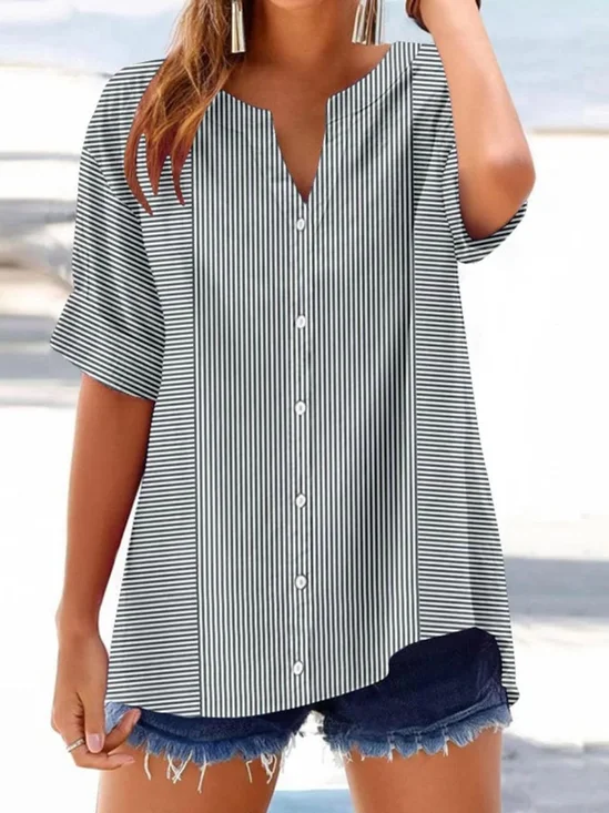 V Neck Short Sleeve Striped Regular Micro-Elasticity Regular Fit Shirt For Women