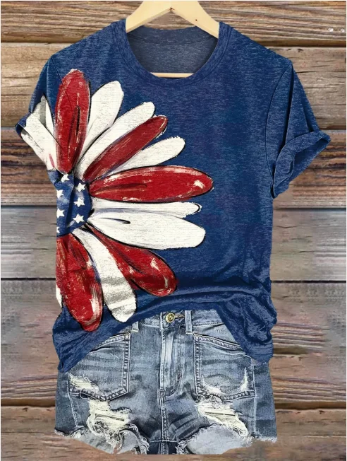 Vintage Daisy Crew Neck Short Sleeve T-shirt