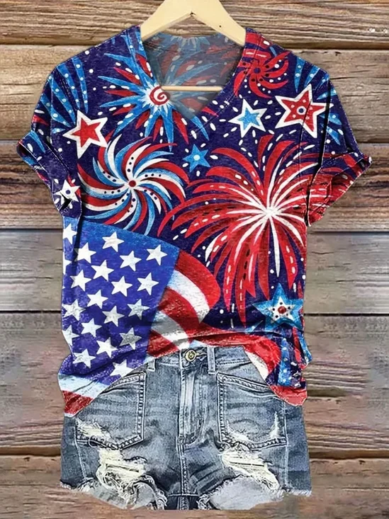 Casual America Flag V Neck Short Sleeve T-shirt