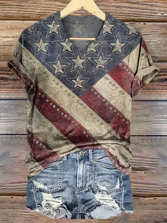 V Neck Long Sleeve America Flag Regular Micro-Elasticity Regular Fit Shirt For Women