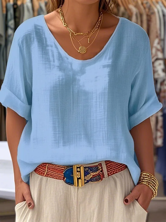 Crew Neck Short Sleeve Plain Regular Loose Tunic Blouse For Women