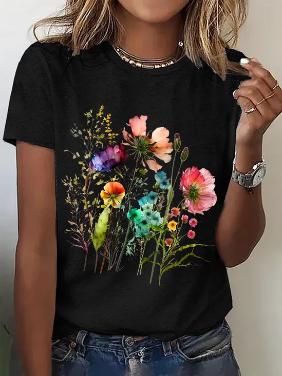 Casual Floral Crew Neck Short Sleeve T-shirt